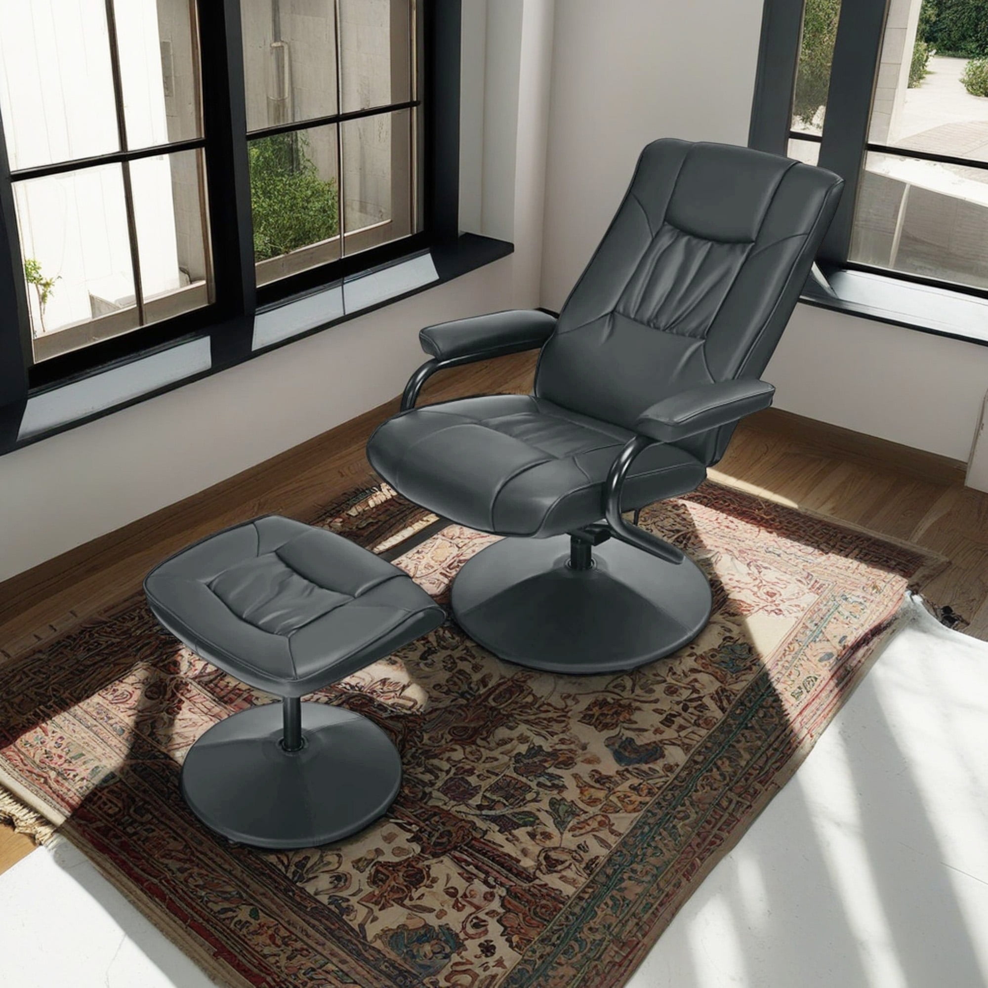 Demi Bonn PVC Leather Soft Upholstered Recliner with Ottoman Footrest, 360° Swivel Recliner Chair for Living Room, Bedroom, Black