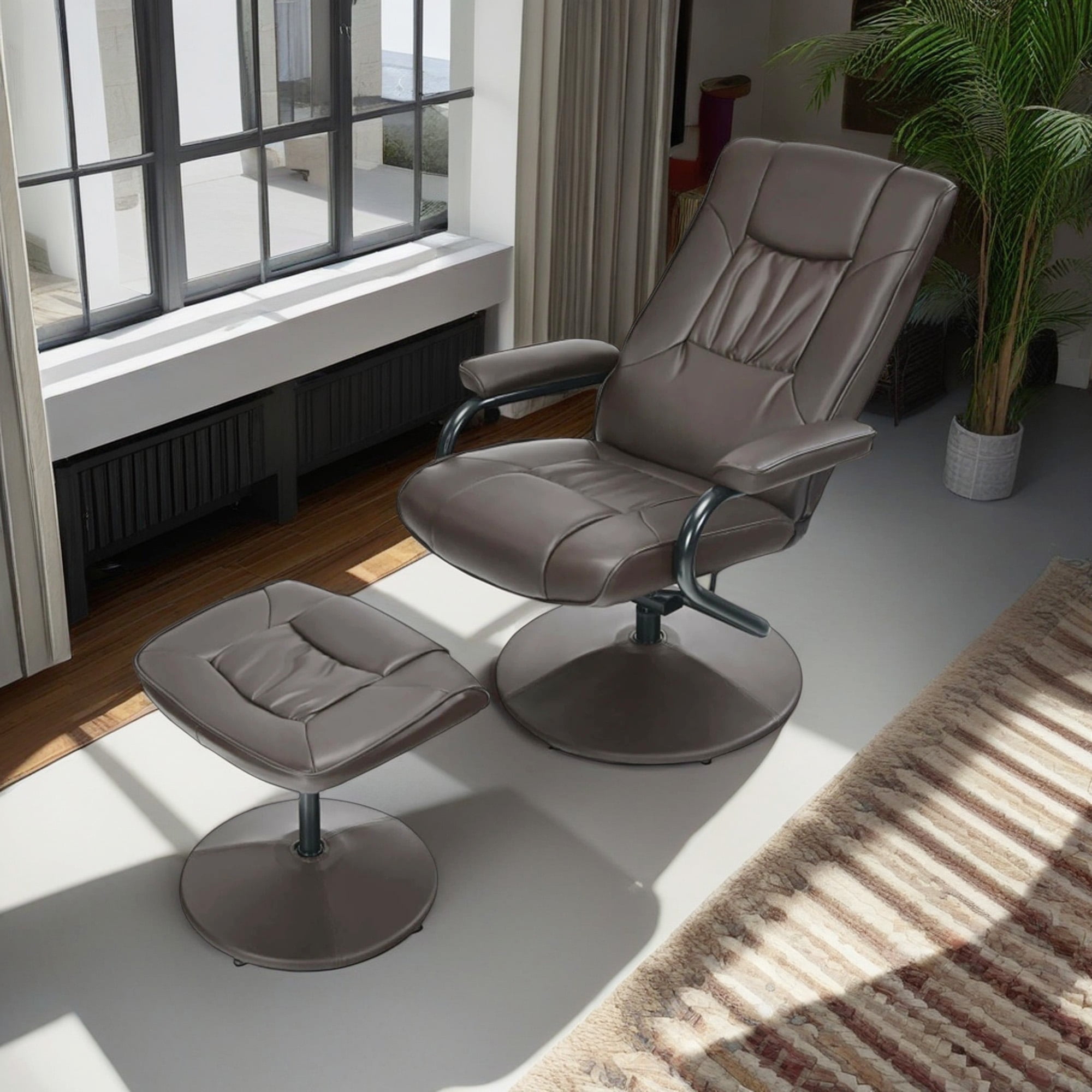 Demi Bonn PVC Leather Soft Upholstered Recliner with Ottoman Footrest, 360° Swivel Recliner Chair for Living Room, Bedroom, Brown