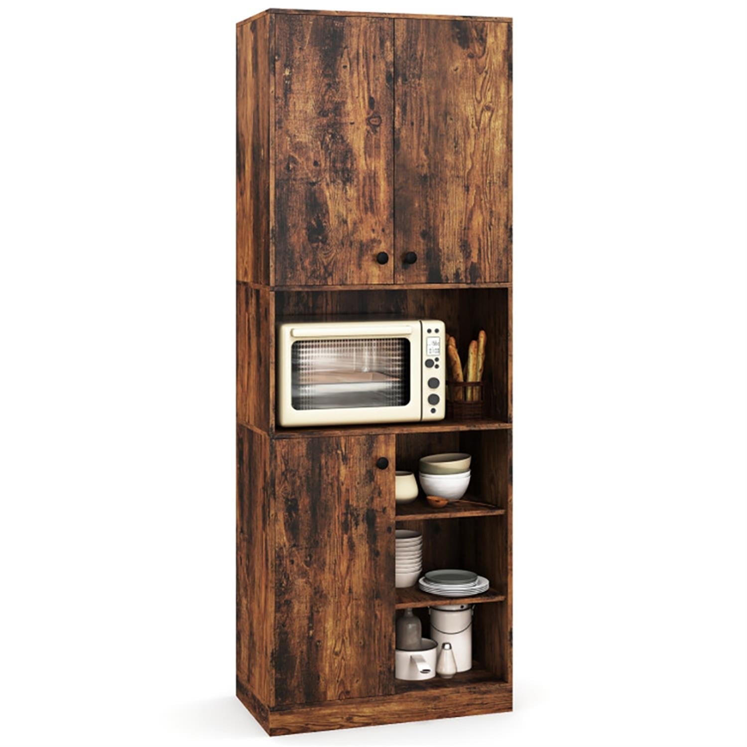 Demi Bonn Pantry Cabinet Cupboard with 3 Doors, Microwave Stand and Open Shelves, Standing Storage Cabinet for Kitchen, Laundry or Utility Room, Brown