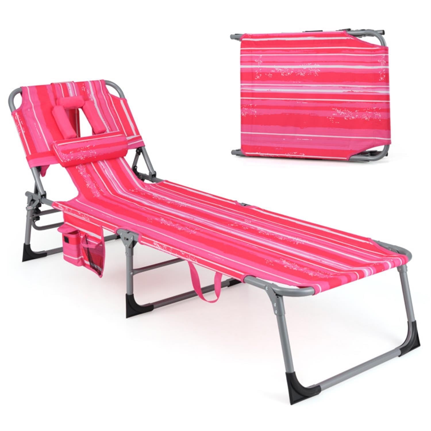 Demi Bonn Patio Folding Beach Lounge Chair with Pillow for Outdoor Pool, Sunbathing and Reading on Stomach, Pink