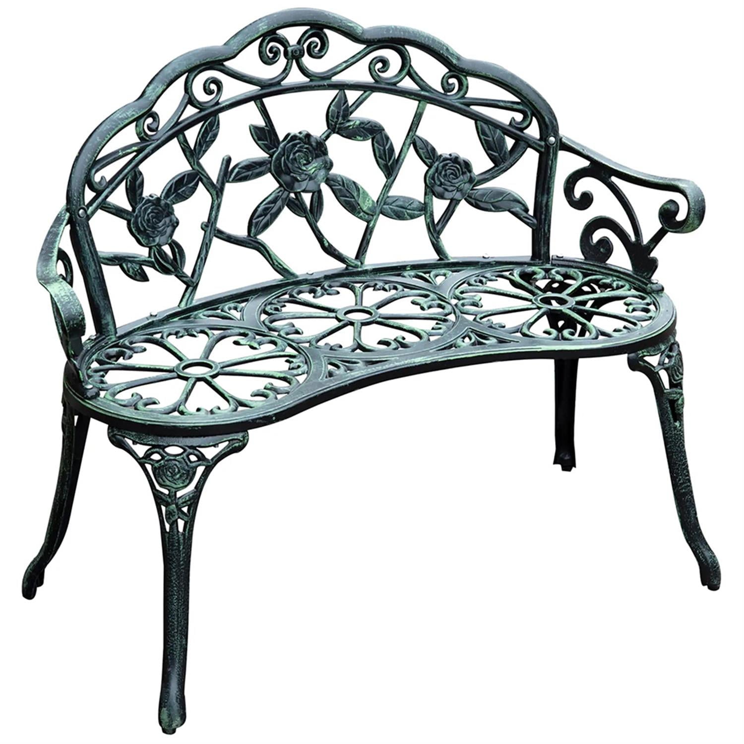 Demi Bonn Patio Garden Bench Metal Park Bench Cast Aluminum Outdoor Benches Furniture with Floral Rose & Antique Finish for Patio, Park, Lawn, Yard, Green
