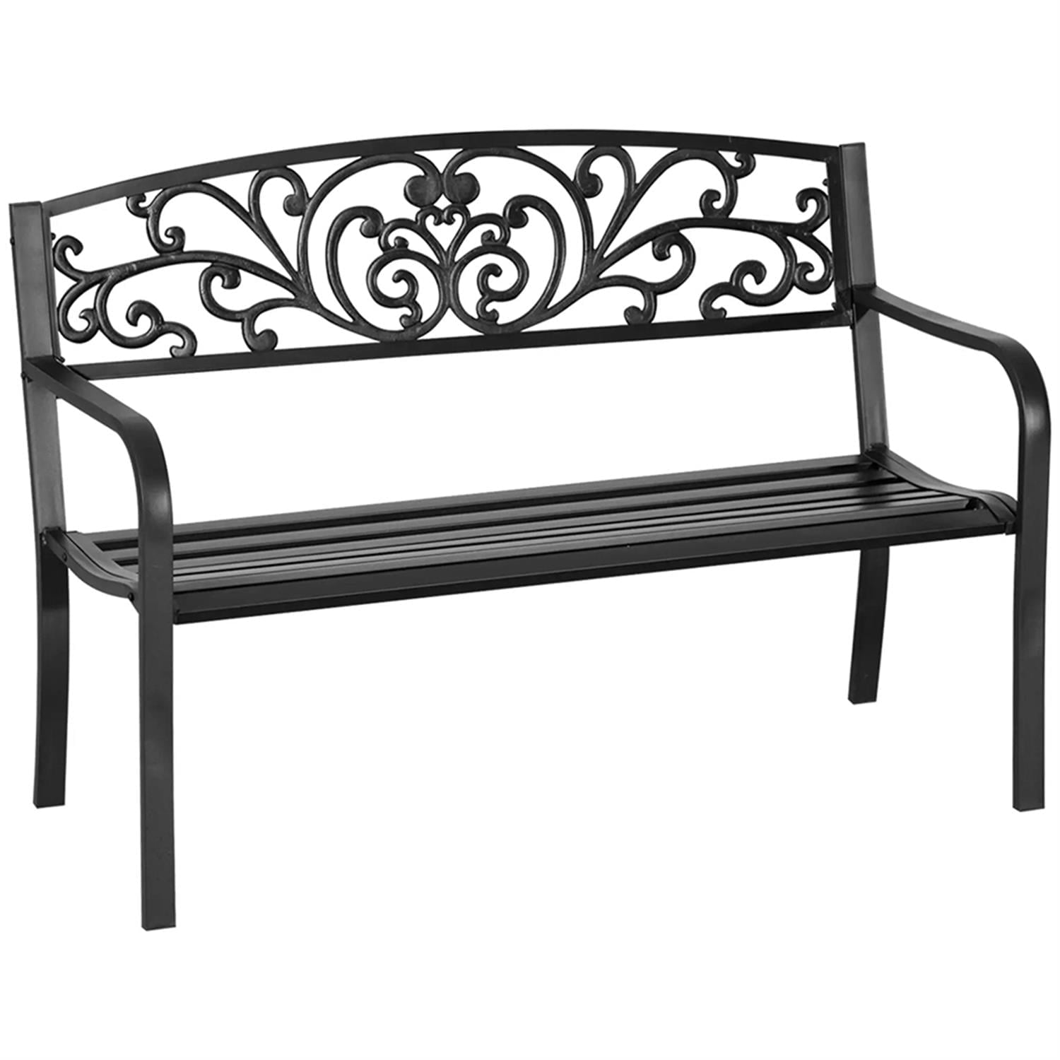 Demi Bonn Patio Garden Bench Metal Park Bench, Outdoor Benches Furniture with Floral Pattern Backrest & Slatted Seat for Patio, Park, Lawn, Yard, Black