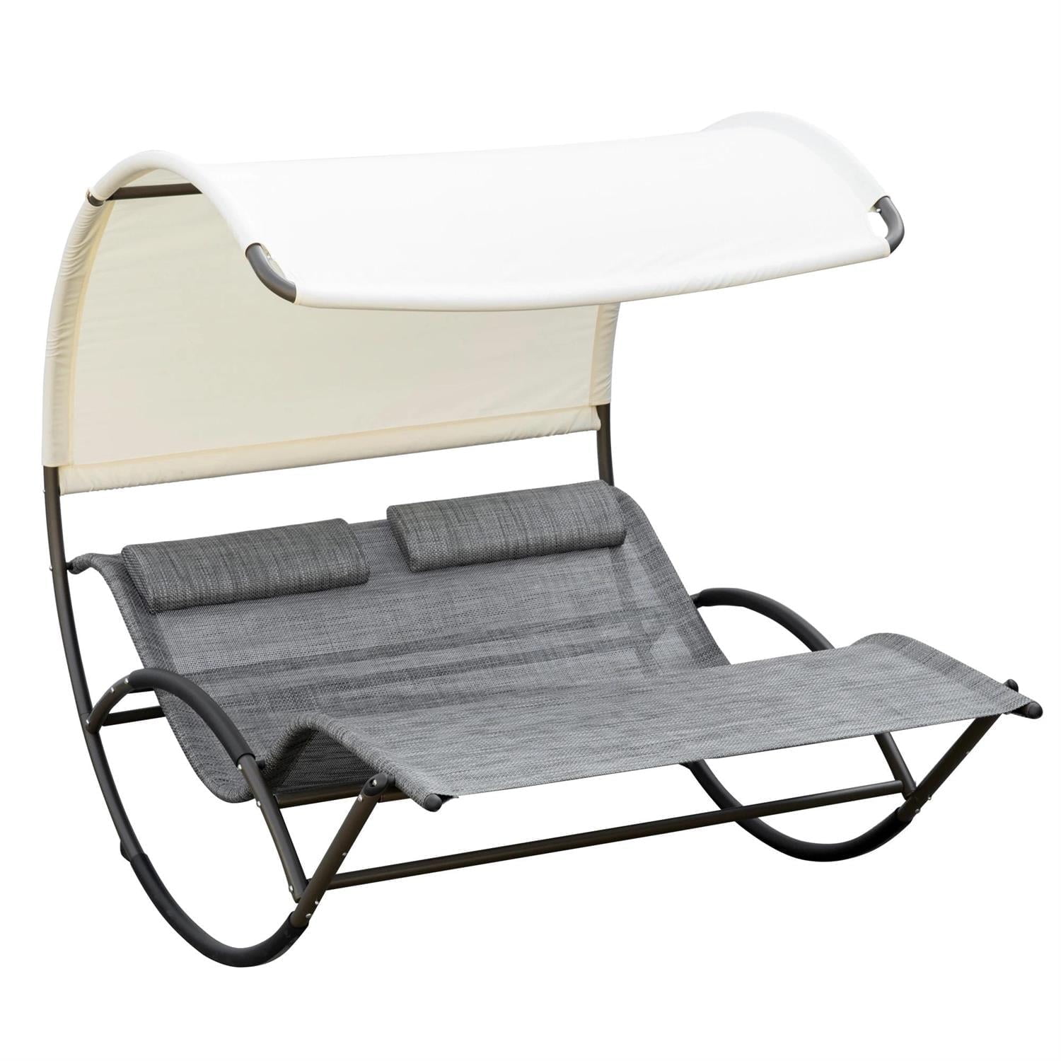 Demi Bonn Patio Outdoor Double Chaise Rocking Chair, Day Bed Sun Lounger with Canopy Shade, Headrest Pillow, Armrests for Garden, Poolside, Gray
