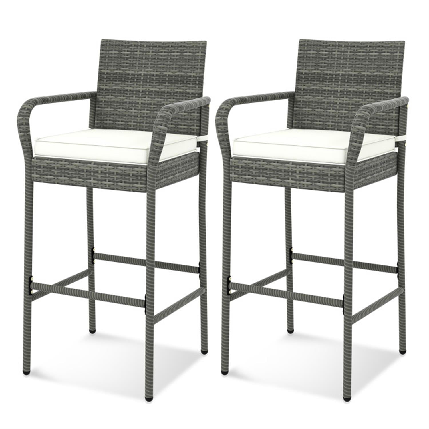 Demi Bonn Patio Wicker Barstools Set of 2 with Armrests and Soft Cushions for Porch Backyard, Outdoor Accent Furniture Bar Stools, Gray