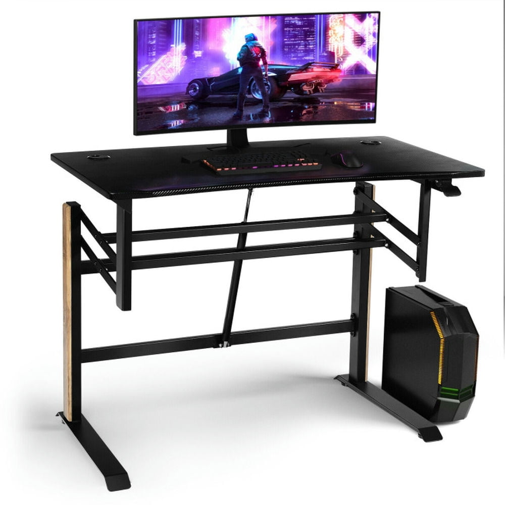 Finihen Pneumatic Height Adjustable Gaming Desk T Shaped Game Station with Power Strip Tray for Home Office Sturdy Writing Workstation, Black Finihen Pneumatic Height Adjustable Gaming Desk T Shaped Game Station with Power Strip Tray for Home Office Sturdy Writing Workstation, Black