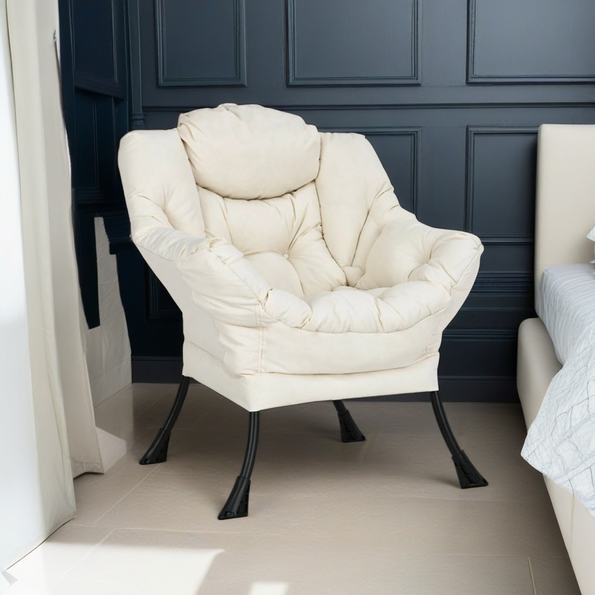 Demi Bonn Polyester Fabric Large Lazy Chair, Modern Accent Oversized Comfy Reading with Steel Frame and Side Pocket, for Living Room, Bedroom, Dorm, Beige