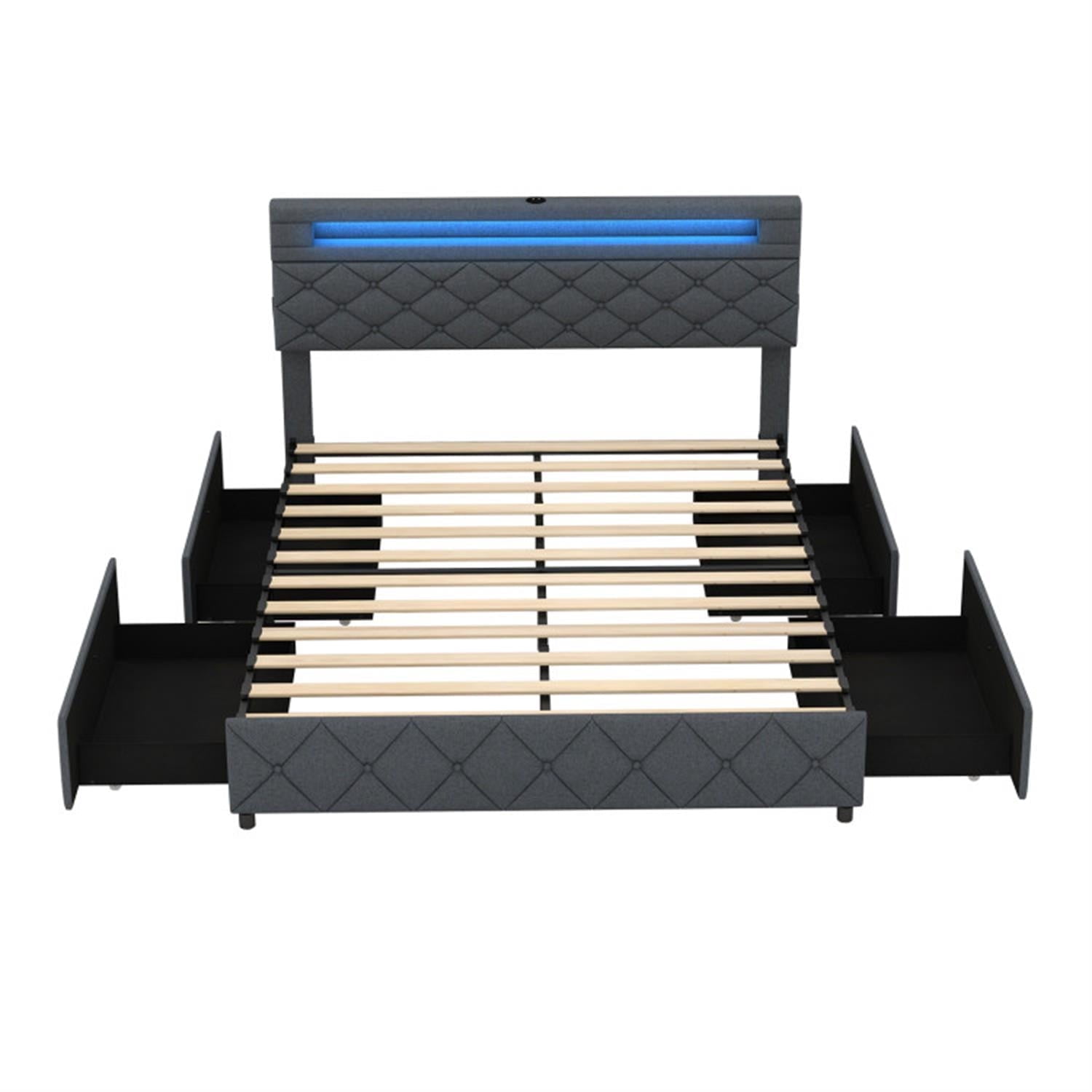 Demi Bonn Queen Size Bed Frame with Adjustable Storage Headboard and Wooden Slat Support, Platform Bed Frame with 4 Storage Drawers, No Box Spring Needed, Gray