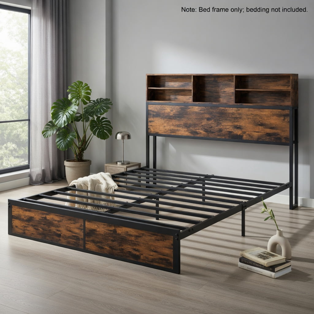 Demi Bonn Queen Size Bed Frame with Wooden Headboard and Footboard, Industrial Metal Platform Bed Frame with Under Bed Storage, No Box Spring Needed, Brown