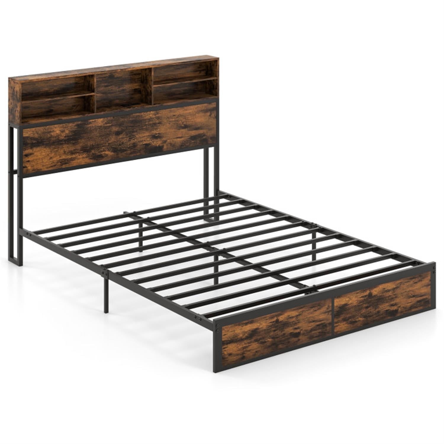Demi Bonn Queen Size Bed Frame with Wooden Headboard and Footboard, Industrial Metal Platform Bed Frame with Under Bed Storage, No Box Spring Needed, Brown