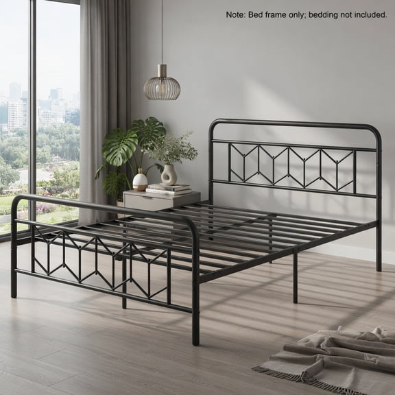 Demi Bonn Queen Size Bed Frame with High Headboard and Snap Lock Metal Slats, Platform Bed Frame with Under Bed Storage, No Box Spring Needed, Black