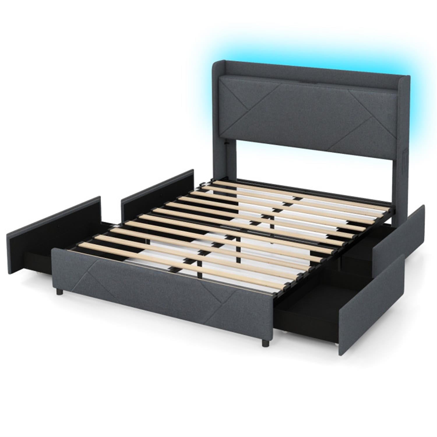 Demi Bonn Queen Size Bed Frame with LED Lights and Charging Station, Platform Bed Frame with 4 Storage Drawers, Noise-Free/No Box Spring Needed, Gray