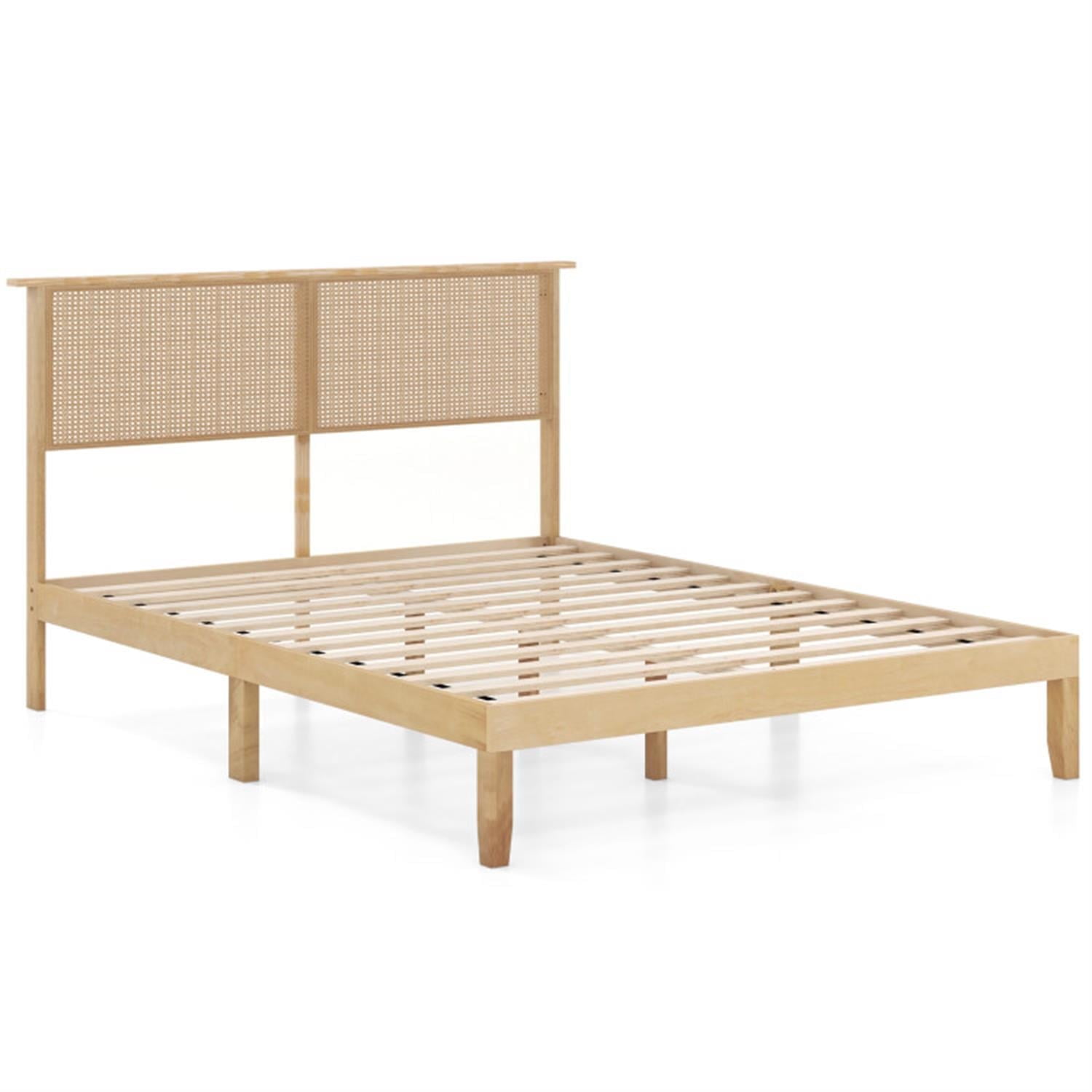 Demi Bonn Queen Size Bed Frame with Rattan Headboard, Platform Bed Frame with 12 Strong Wood Slat Support, No Box Spring Needed, Beige