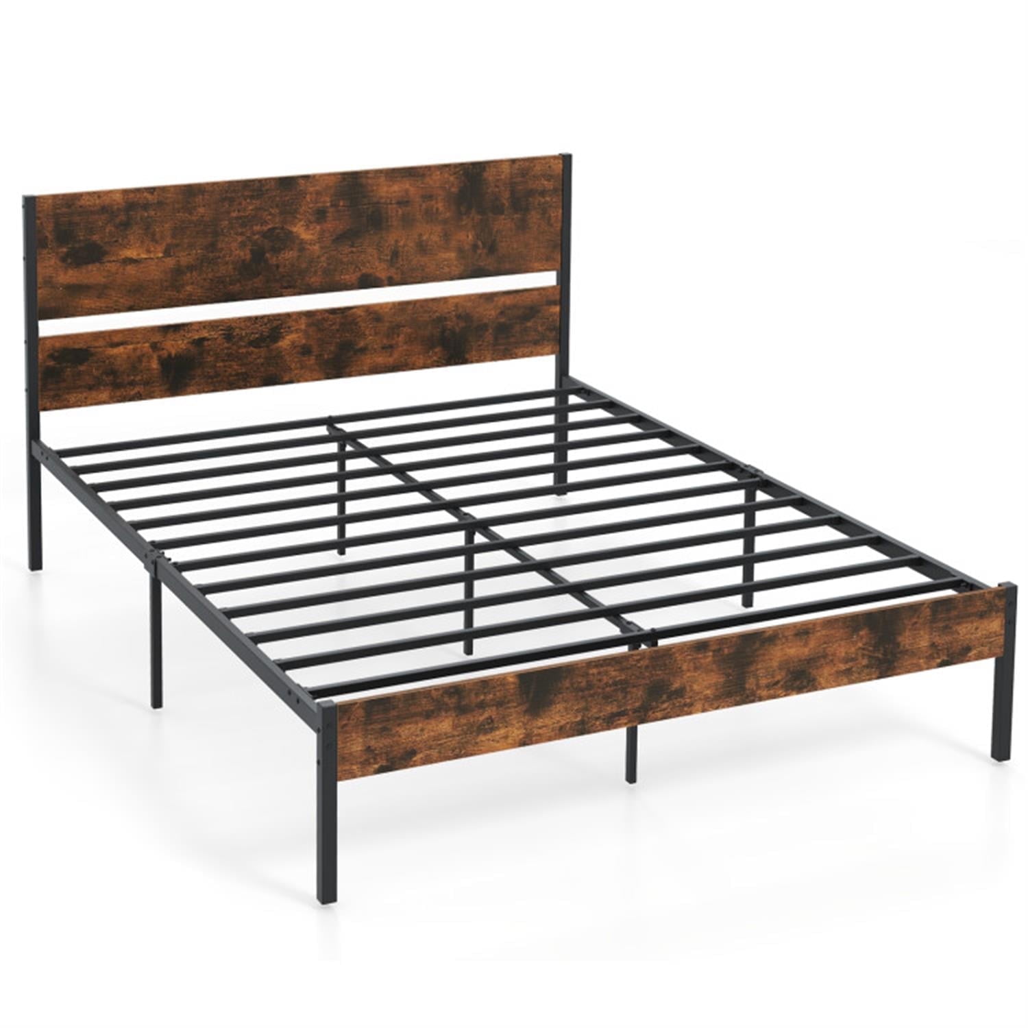 Demi Bonn Queen Size Bed Frame with Wooden Headboard and Footboard, Modern Metal Platform Bed Frame with Under Bed Storage, No Box Spring Needed, Brown