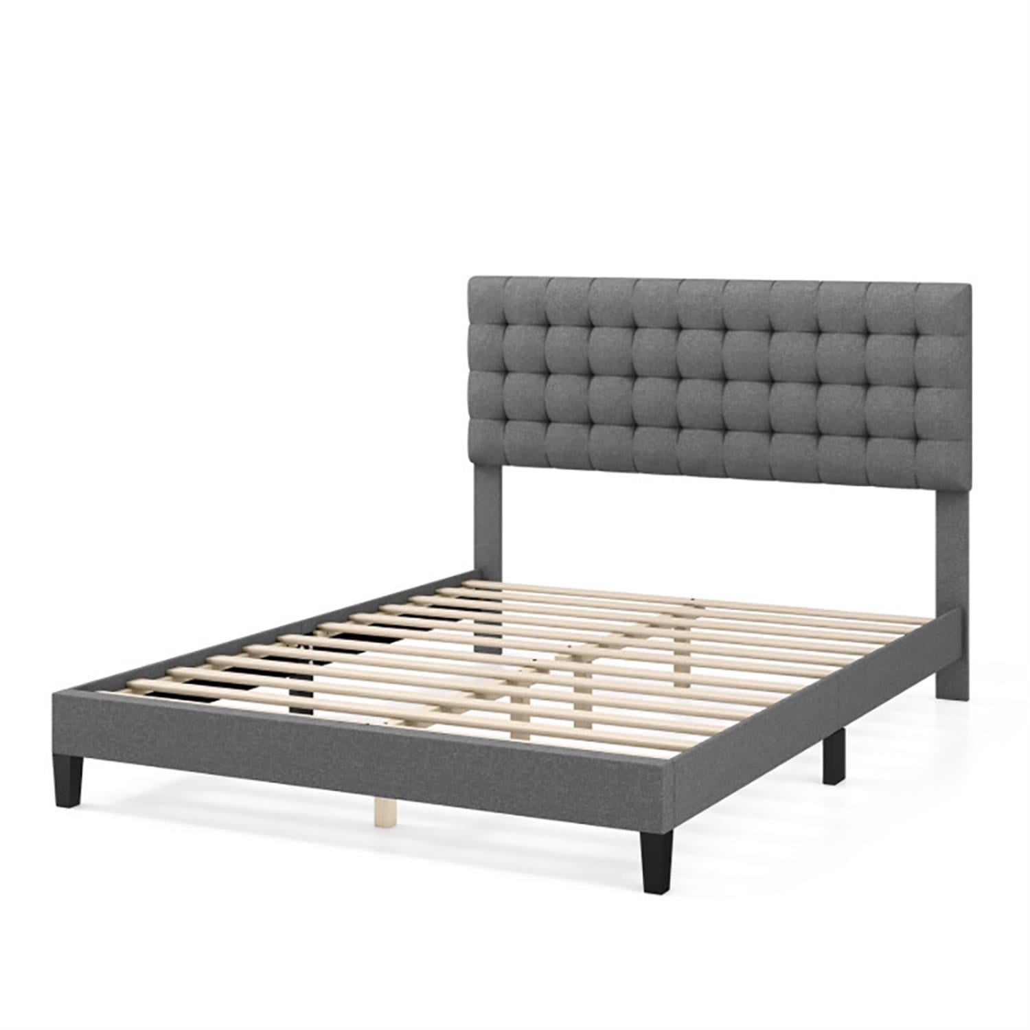 Demi Bonn Queen Size Upholstered Platform Bed Frame with Square Stitched Headboard and Wooden Slats Support, Fully Upholstered Mattress Foundation, Gray