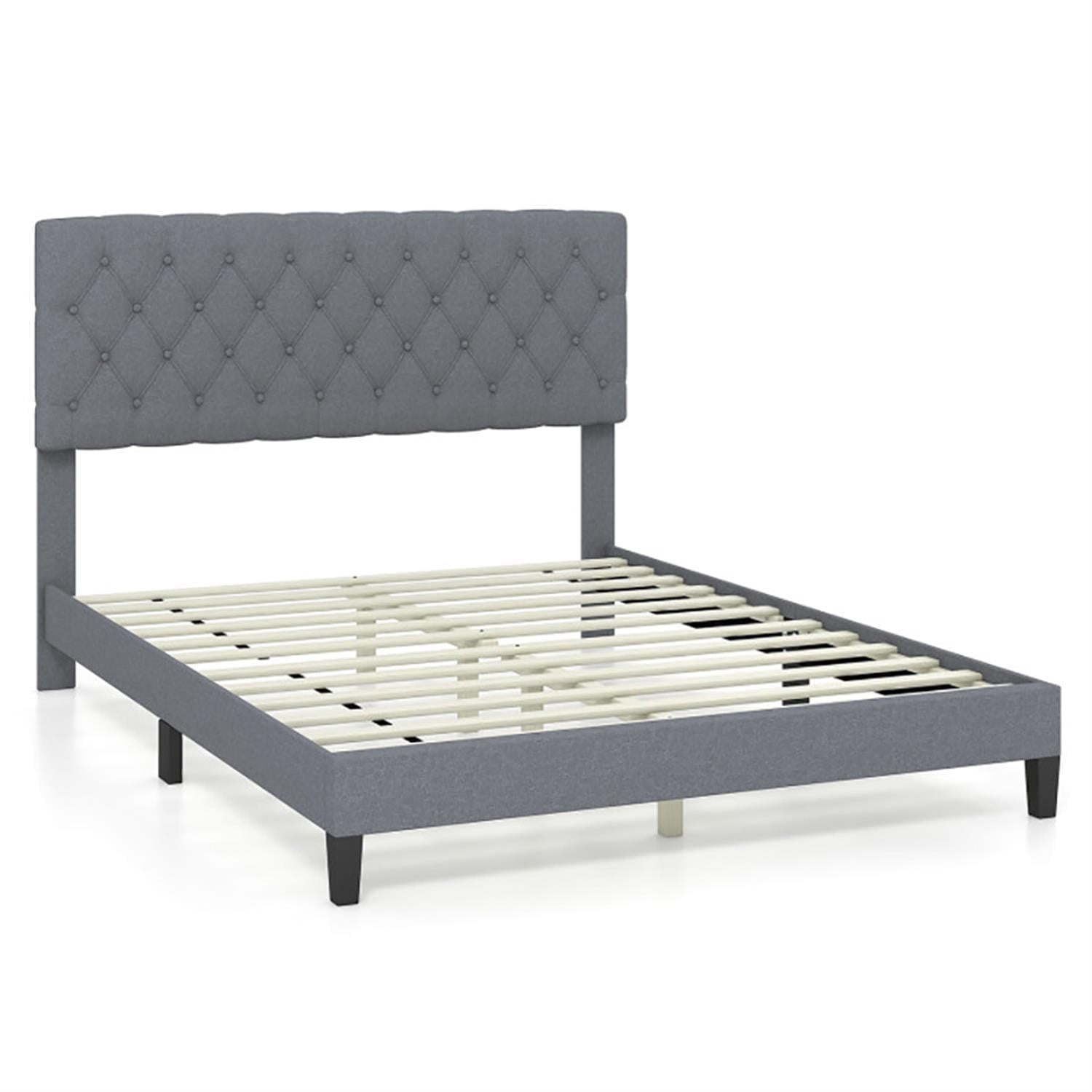 Demi Bonn Queen Size Upholstered Platform Bed Frame with Button Tufted Headboard and Wooden Slats Support, Fully Upholstered Mattress Foundation, Gray