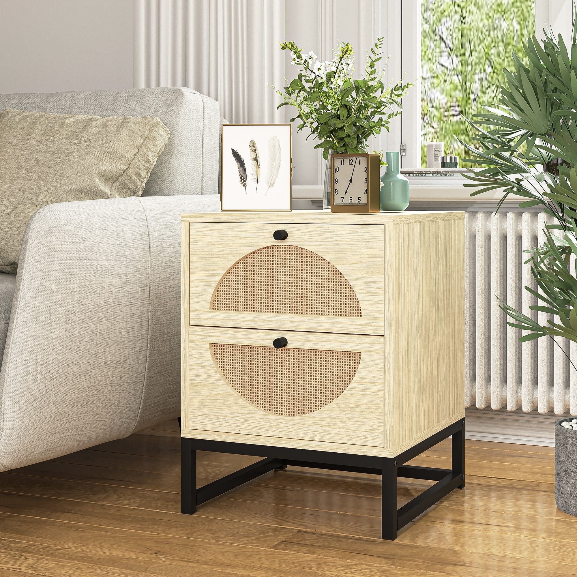 Demi Bonn Rattan Nightstand, Modern Boho Farmhouse Wood Bedside Table with 2 Drawer, Metal Frame Side End Table for Bedroom, Living Room, Office, Beige