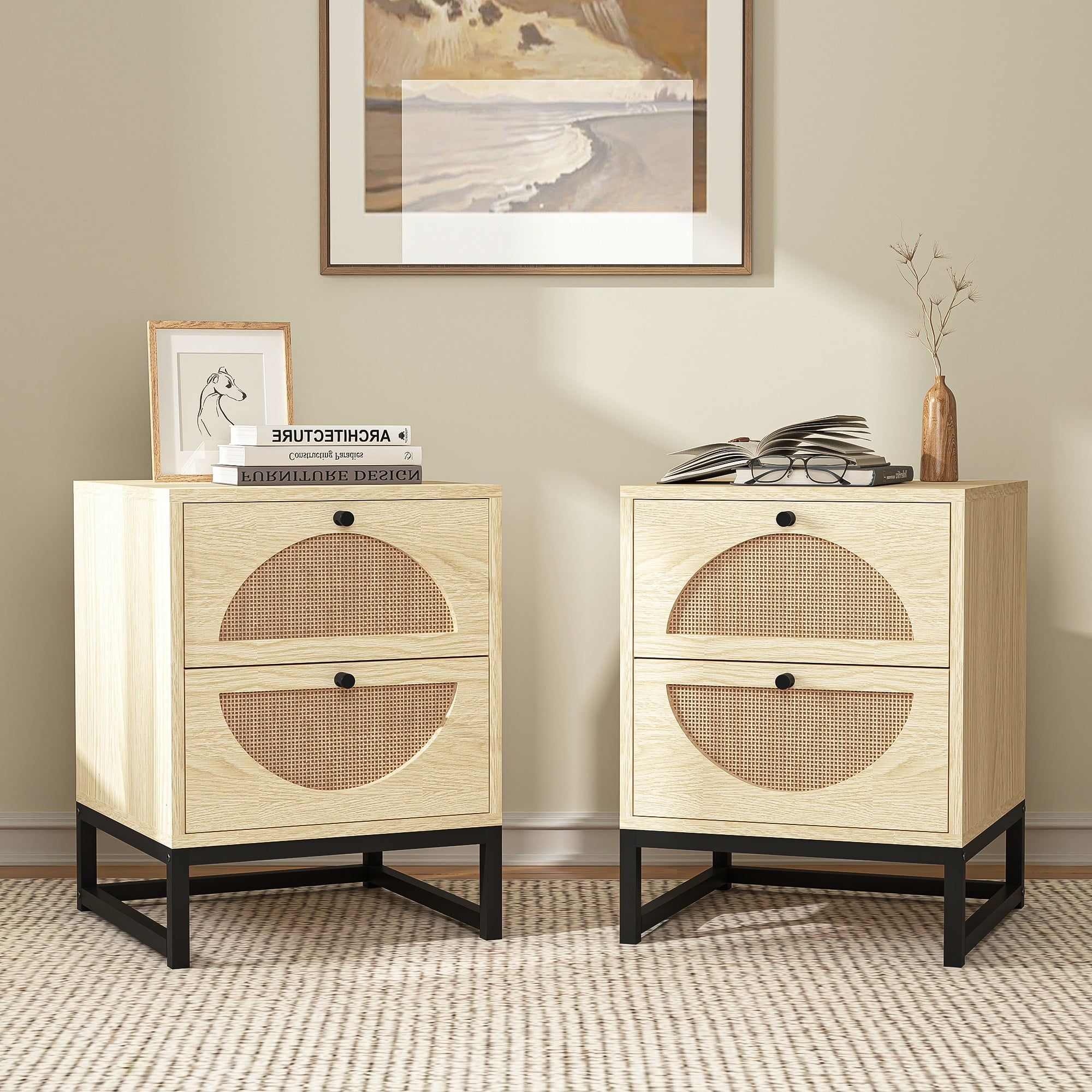 Finihen Rattan Nightstand Set of 2, Modern Boho Farmhouse Wood Bedside Table with 2 Drawer, Metal Frame Side End Table for Bedroom, Living Room, Office, Beige Finihen Rattan Nightstand Set of 2, Modern Boho Farmhouse Wood Bedside Table with 2 Drawer, Metal Frame Side End Table for Bedroom, Living Room, Office, Beige