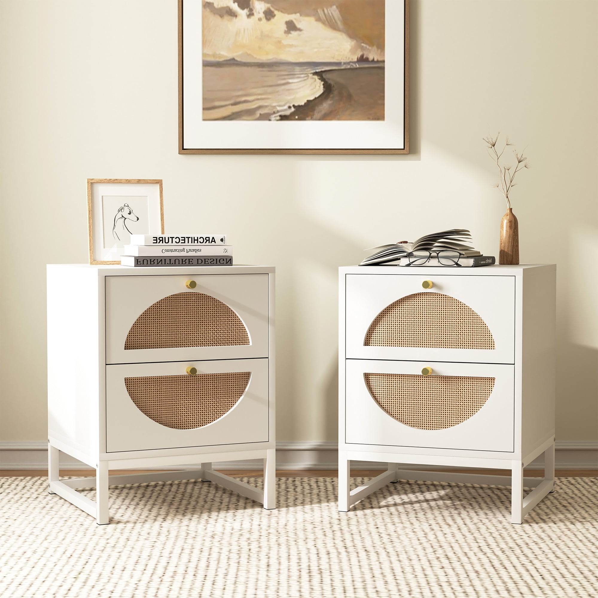 Finihen Rattan Nightstand Set of 2, Modern Boho Farmhouse Wood Bedside Table with 2 Drawer, Metal Frame Side End Table for Bedroom, Living Room, Office, White Finihen Rattan Nightstand Set of 2, Modern Boho Farmhouse Wood Bedside Table with 2 Drawer, Metal Frame Side End Table for Bedroom, Living Room, Office, White