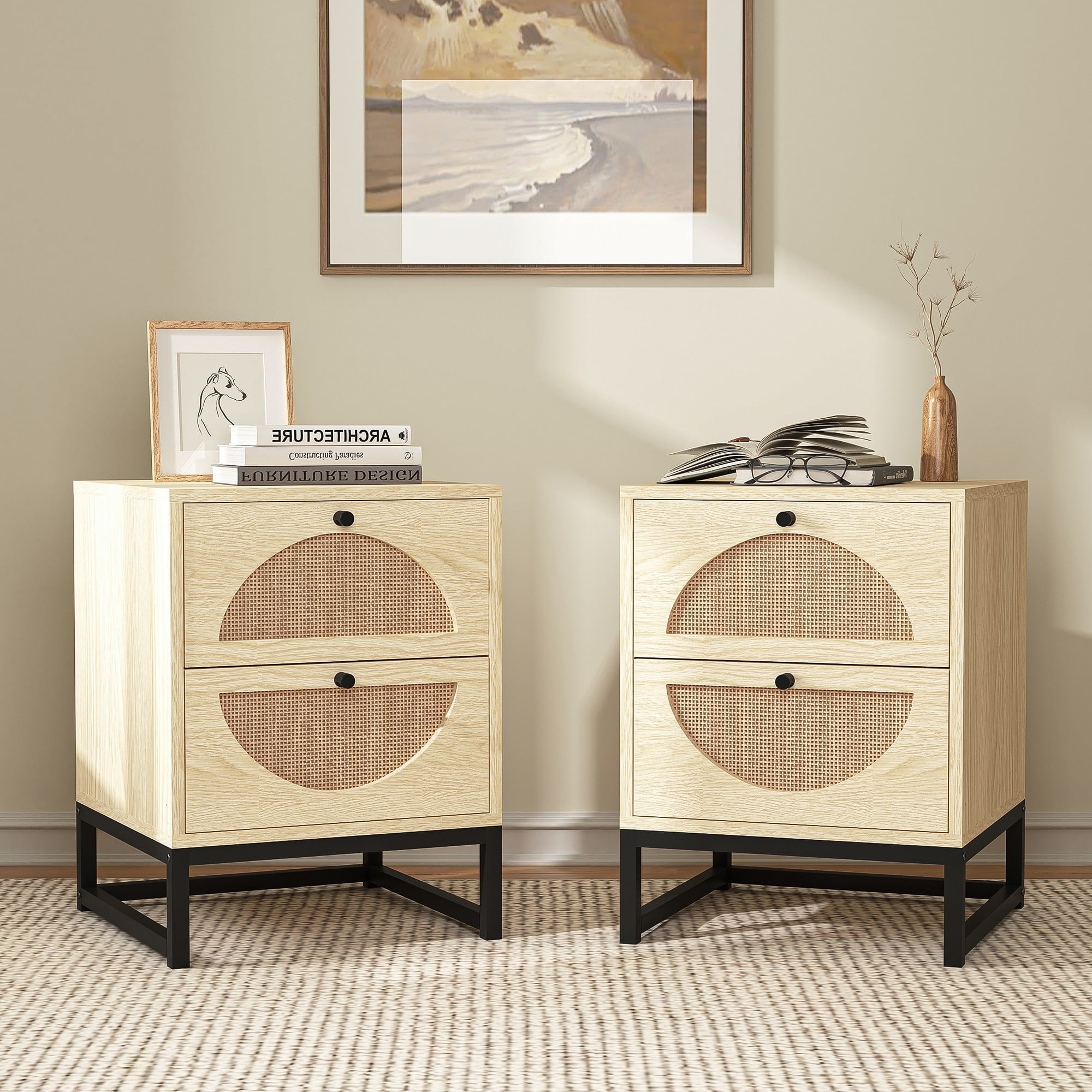 Demi Bonn Rattan Nightstand Set of 2, Modern Boho Farmhouse Wood Bedside Table with 2 Drawer, Metal Frame Side End Table for Bedroom, Living Room, Office, Beige