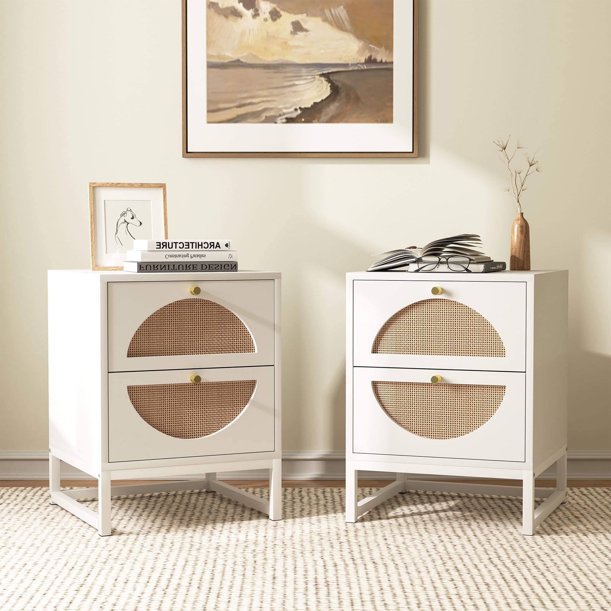 Demi Bonn Rattan Nightstand Set of 2, Modern Boho Farmhouse Wood Bedside Table with 2 Drawer, Metal Frame Side End Table for Bedroom, Living Room, Office, White