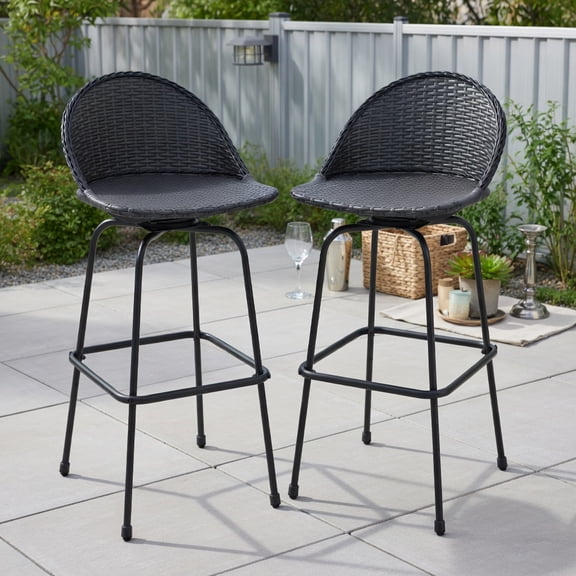 Demi Bonn Rattan Swivel Bar Stools Set of 2, Modern Counter Barstools with Curved Back, Counter Height Barstools for Bar, Kitchen and Dining Room, Black