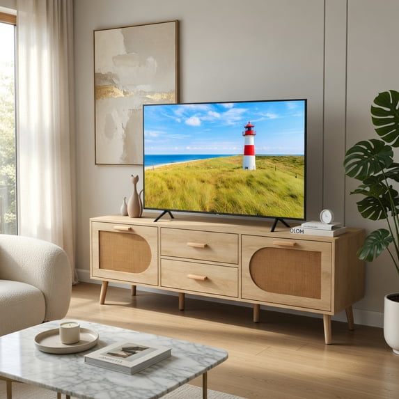 Demi Bonn Rattan TV Stand for 65" TVs, Entertainment Center with Drawers and Solid Wood Legs, Modern Media TV Console Table for Living Room Bedroom, Beige