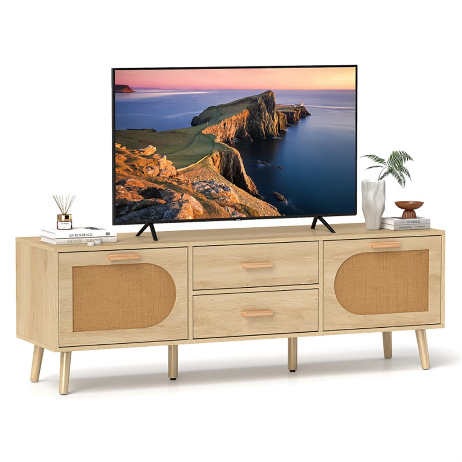 Demi Bonn Rattan TV Stand for 65" TVs, Entertainment Center with Drawers and Solid Wood Legs, Modern Media TV Console Table for Living Room Bedroom, Beige