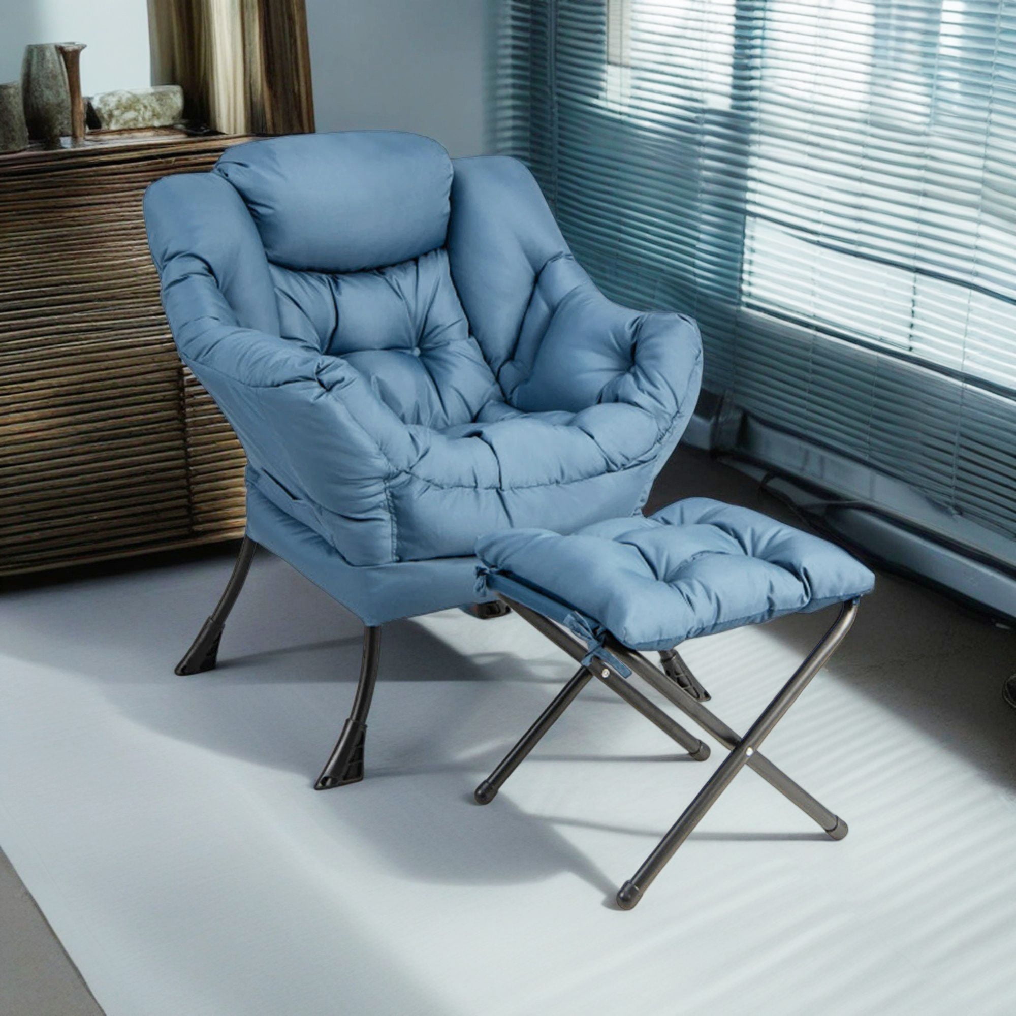 Demi Bonn Recliner Chair with Ottoman Footrest, Modern Accent Sofa Chair with Folding Footrest and Side Pocket, for Living Room, Bedroom, Navy