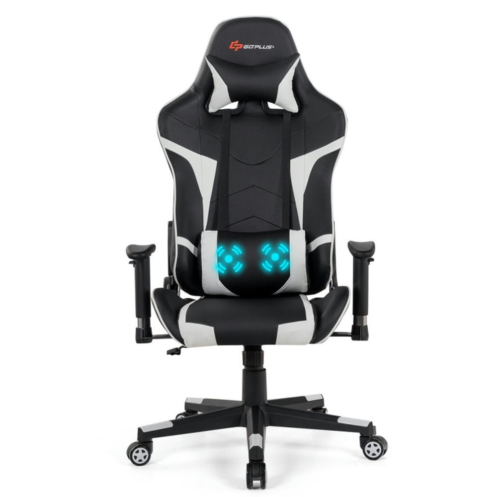 Finihen Reclining Swivel Massage Gaming Chair with Lumbar Support and Headrest for Office or Gaming, White Finihen Reclining Swivel Massage Gaming Chair with Lumbar Support and Headrest for Office or Gaming, White