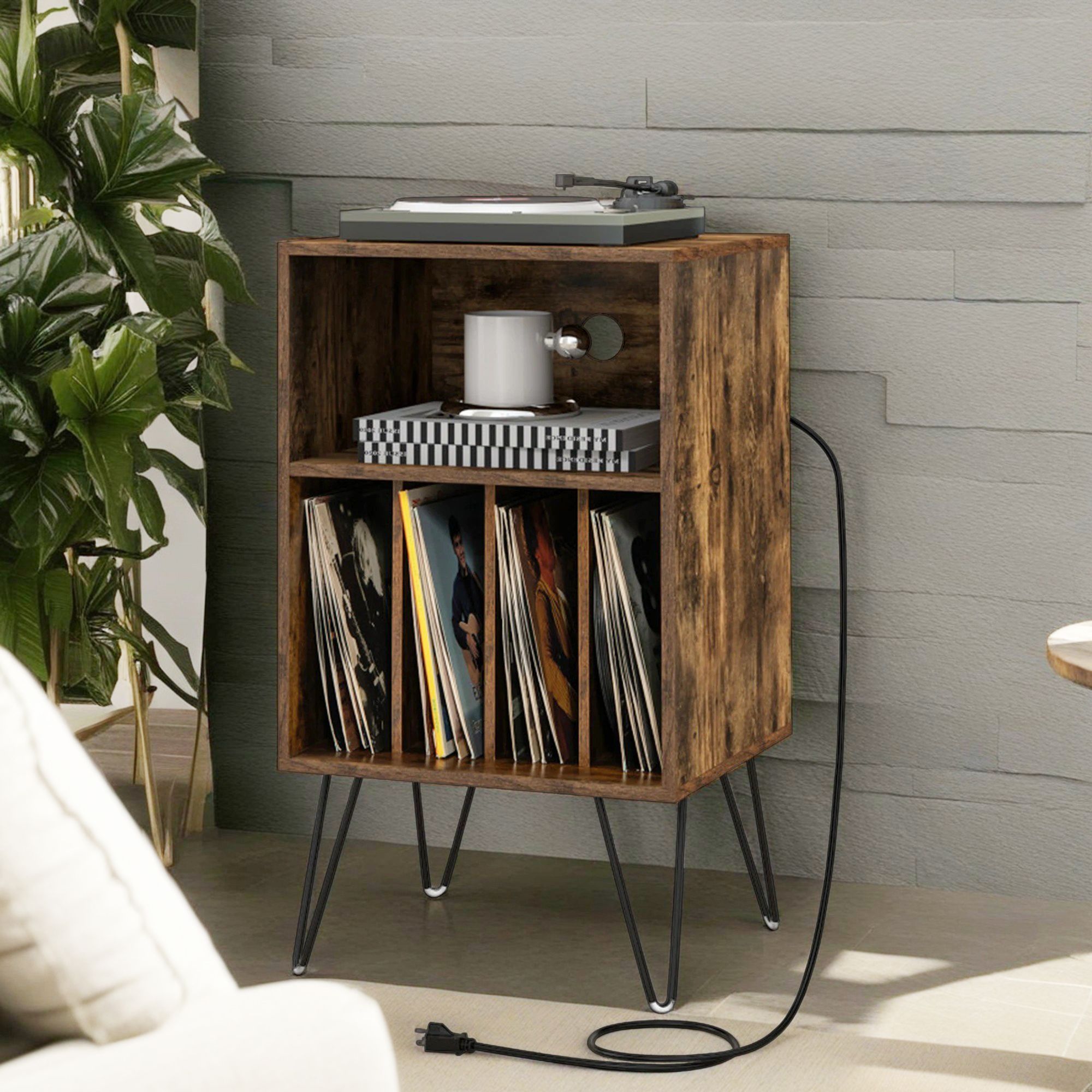 Finihen Record Player Stand, Turntable Stand, Record Player Stand with Charging Station, for Living Room, Bedroom, Rustic Brown