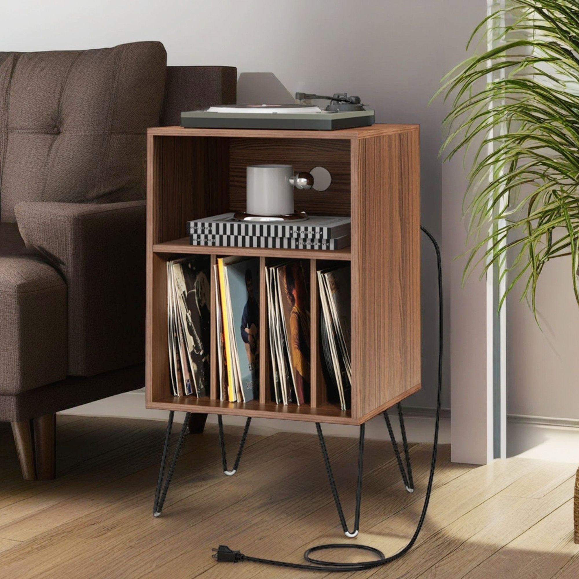 Demi Bonn Record Player Stand, Turntable Stand, Record Player Stand with Charging Station, for Living Room, Bedroom, Walnut