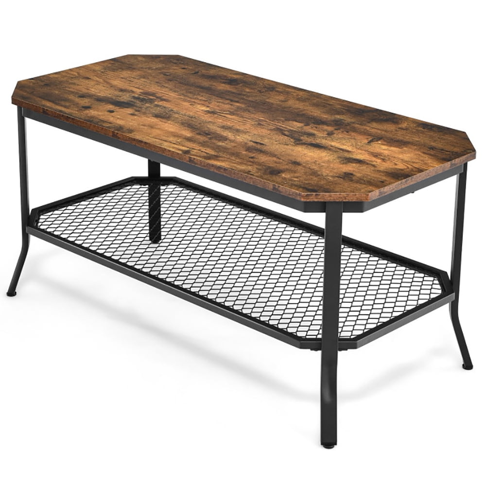 Finihen Rectangular Coffee Table, 2-Tier Cocktail Table, 2-Tier Industrial Coffee Table with Open Mesh Storage Shelf, for Living Room, Reception Room, Rustic Brown Finihen Rectangular Coffee Table, 2-Tier Cocktail Table, 2-Tier Industrial Coffee Table with Open Mesh Storage Shelf, for Living Room, Reception Room, Rustic Brown