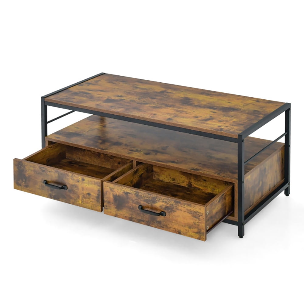 Finihen Rectangular Coffee Table, Coffee Table with 2 Drawers and Open Shelf, for Living Room, Reception Room, Office, Rustic Brown Finihen Rectangular Coffee Table, Coffee Table with 2 Drawers and Open Shelf, for Living Room, Reception Room, Office, Rustic Brown