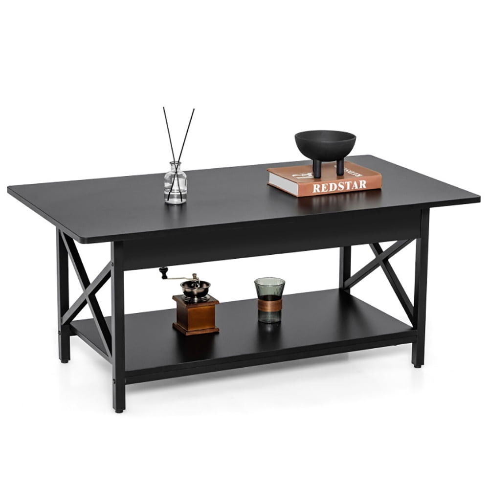 Finihen Rectangular Coffee Table, Industrial Coffee Table, 2-Tier Industrial Rectangular Coffee Table with Storage Shelf, for Living Room, Reception Room, Black Finihen Rectangular Coffee Table, Industrial Coffee Table, 2-Tier Industrial Rectangular Coffee Table with Storage Shelf, for Living Room, Reception Room, Black