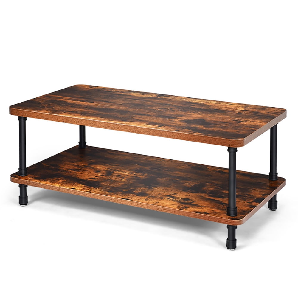 Finihen Rectangular Coffee Table, Industrial Vintage Coffee Table with 2-Tier Storage Shelf, for Living Room, Reception Room, Office, Brown Finihen Rectangular Coffee Table, Industrial Vintage Coffee Table with 2-Tier Storage Shelf, for Living Room, Reception Room, Office, Brown