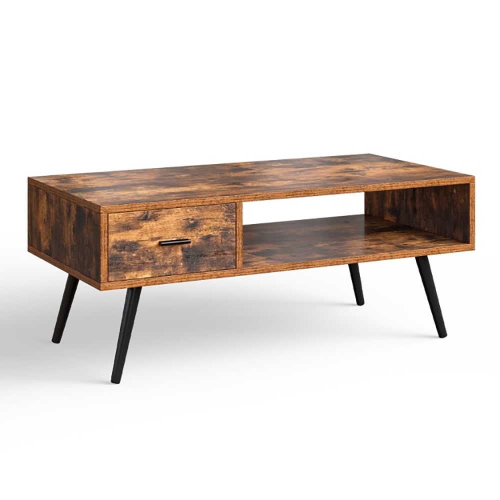 Finihen Rectangular Coffee Table, Retro Rectangular Coffee Table with Drawer and Storage Shelf, for Living Room, Reception Room, Office, Rustic Brown Finihen Rectangular Coffee Table, Retro Rectangular Coffee Table with Drawer and Storage Shelf, for Living Room, Reception Room, Office, Rustic Brown