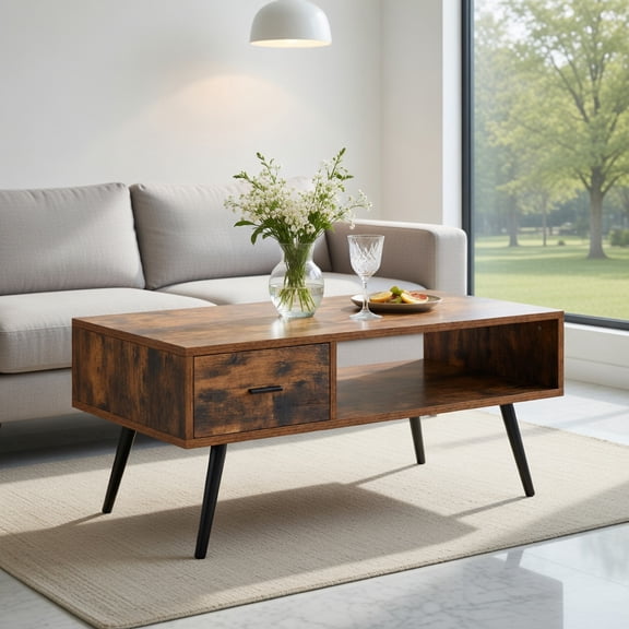 Demi Bonn Rectangular Coffee Table, Retro Rectangular Coffee Table with Drawer and Storage Shelf, for Living Room, Reception Room, Office, Rustic Brown
