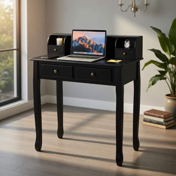 Demi Bonn Removable Floating Organizer 2-Tier Mission Computer Vanity Desk, Small Home Office Desk Study Writing Table, Black