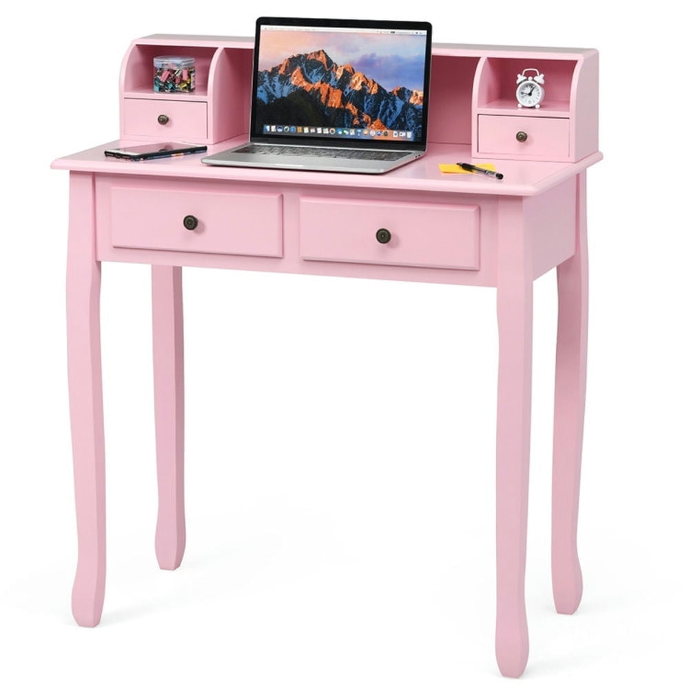 Demi Bonn Removable Floating Organizer 2-Tier Mission Computer Vanity Desk, Small Home Office Desk Study Writing Table, Pink