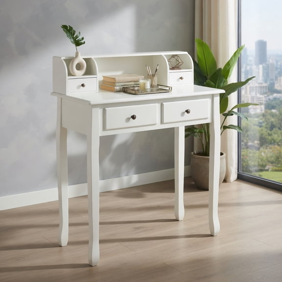 Demi Bonn Removable Floating Organizer 2-Tier Mission Computer Vanity Desk, Small Home Office Desk Study Writing Table, White