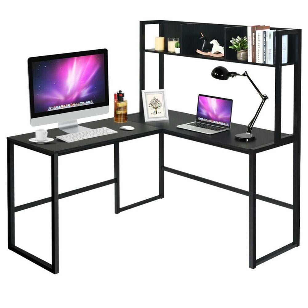 Finihen Reversible L-Shaped Corner Desk with Storage Bookshelf, Small Home Office Desk Study Writing Table, Black Finihen Reversible L-Shaped Corner Desk with Storage Bookshelf, Small Home Office Desk Study Writing Table, Black