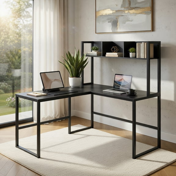 Demi Bonn Reversible L-Shaped Corner Desk with Storage Bookshelf, Small Home Office Desk Study Writing Table, Black