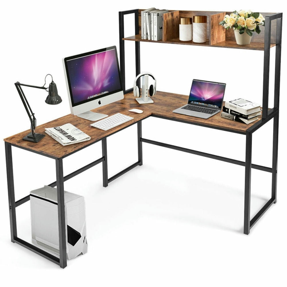 Finihen Reversible L-Shaped Corner Desk with Storage Bookshelf, Small Home Office Desk Study Writing Table, Brown Finihen Reversible L-Shaped Corner Desk with Storage Bookshelf, Small Home Office Desk Study Writing Table, Brown