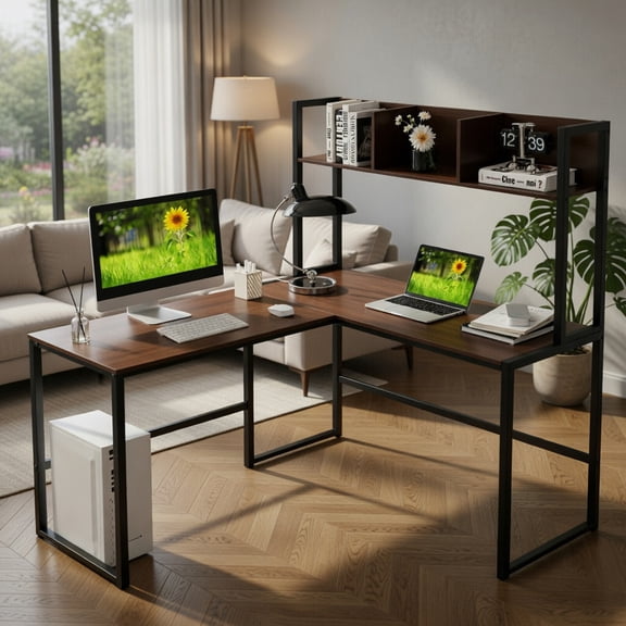 Demi Bonn Reversible L-Shaped Corner Desk with Storage Bookshelf, Small Home Office Desk Study Writing Table, Dark Brown