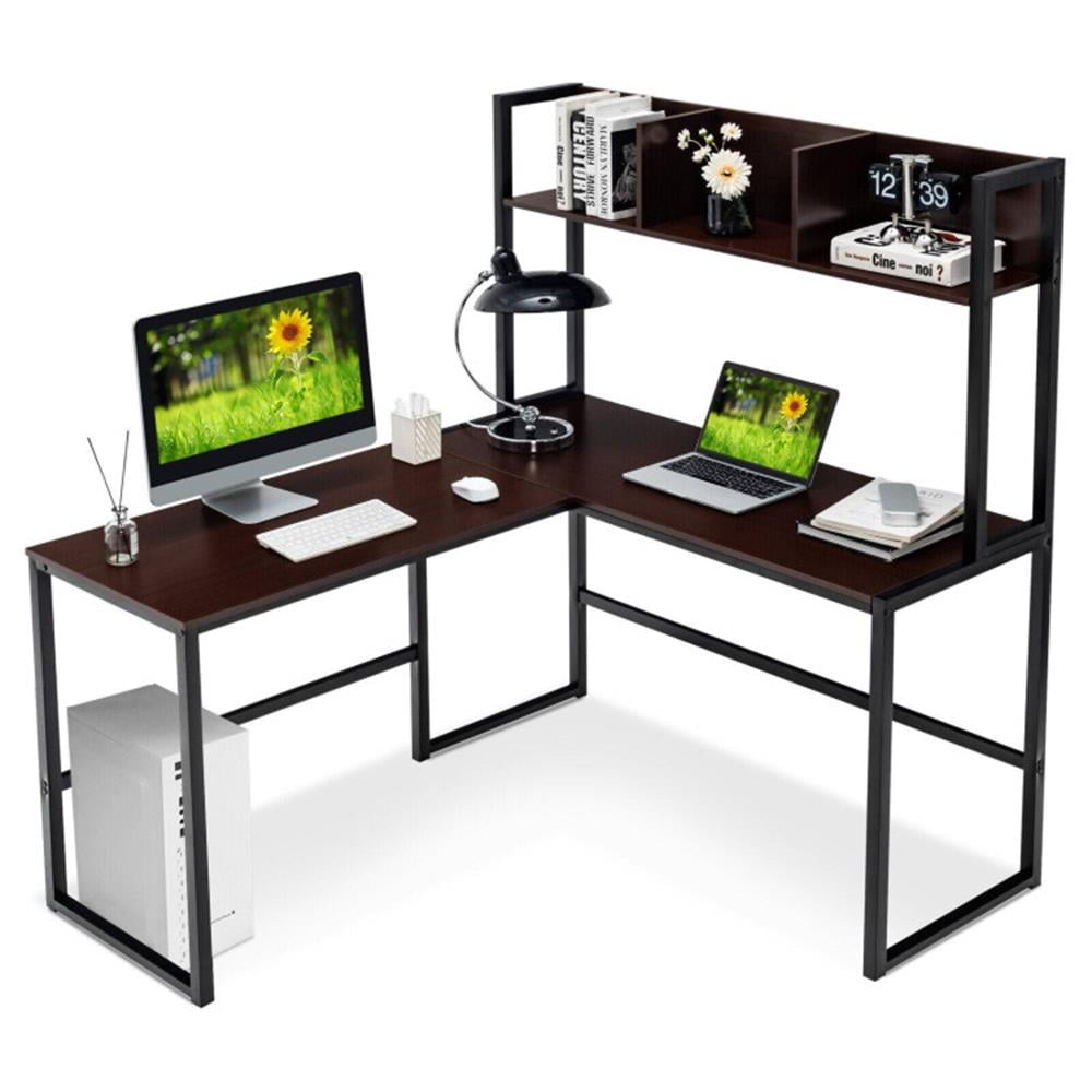 Finihen Reversible L-Shaped Corner Desk with Storage Bookshelf, Small Home Office Desk Study Writing Table, Dark Brown Finihen Reversible L-Shaped Corner Desk with Storage Bookshelf, Small Home Office Desk Study Writing Table, Dark Brown