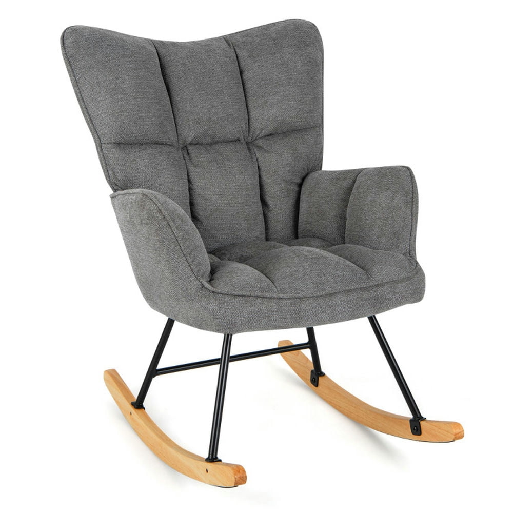 Finihen Rocking Chair, Modern Rocking Accent Chair, Linen Nursery Rocking Chair with High Backrest and Padded Armrests, for Living Room, Bedroom, Dorm, Gray