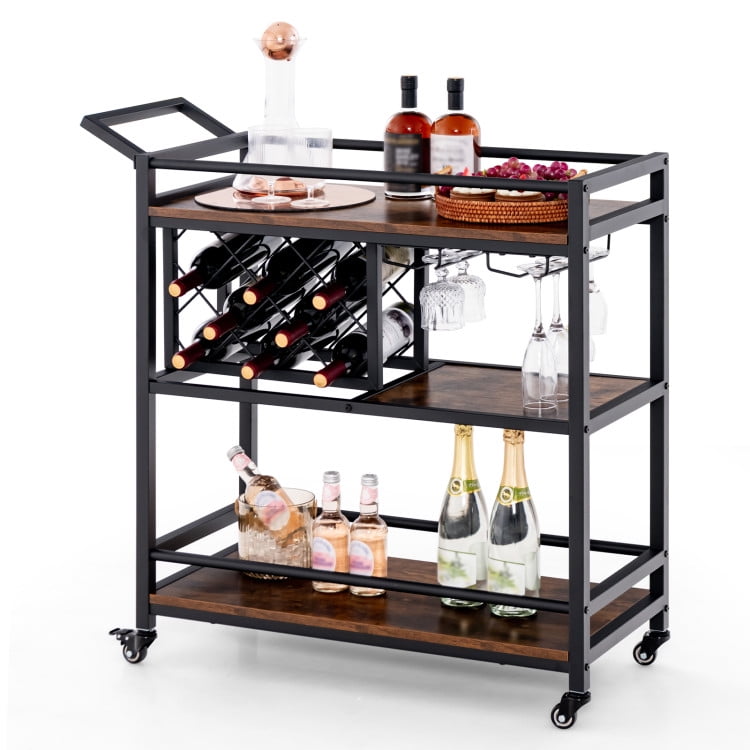 Finihen Rolling Cart, Kitchen Island Cart, 3-Tier Bar Cart on Wheels Home Kitchen Serving Cart with Wine Rack and Glasses Holder, for Kitchen, Dining Room, Rustic Brown