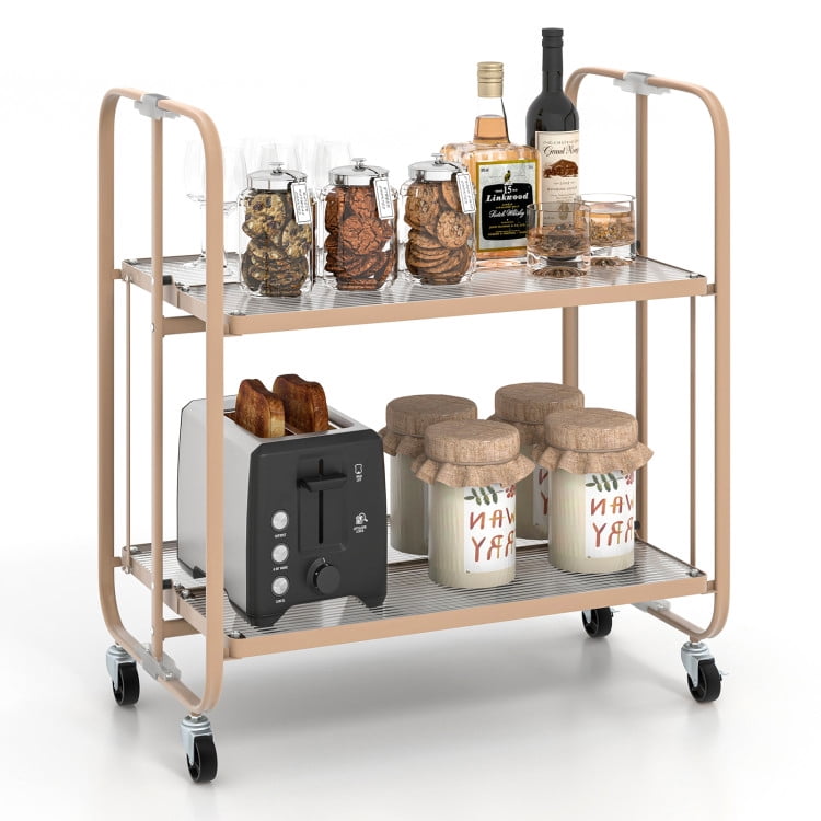 Finihen Rolling Cart, Kitchen Island Cart, 2-Tier Mobile Serving Cart with Tempered Glass Shelf, for Kitchen, Dining Room, Golden Finihen Rolling Cart, Kitchen Island Cart, 2-Tier Mobile Serving Cart with Tempered Glass Shelf, for Kitchen, Dining Room, Golden