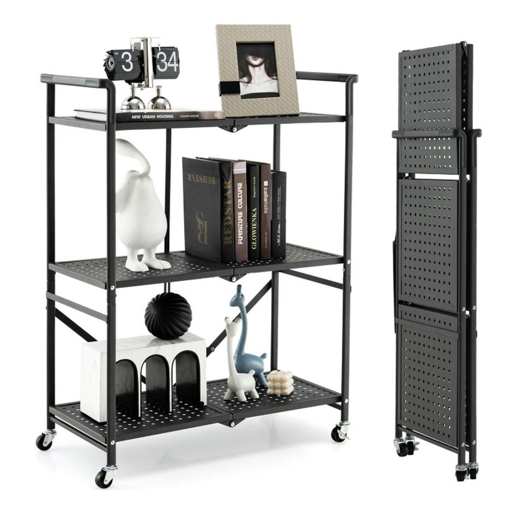 Finihen Rolling Cart, Kitchen Island Cart, 3-Tier Folding Utility Cart with 2 Lockable Casters, for Kitchen, Dining Room, Black Finihen Rolling Cart, Kitchen Island Cart, 3-Tier Folding Utility Cart with 2 Lockable Casters, for Kitchen, Dining Room, Black