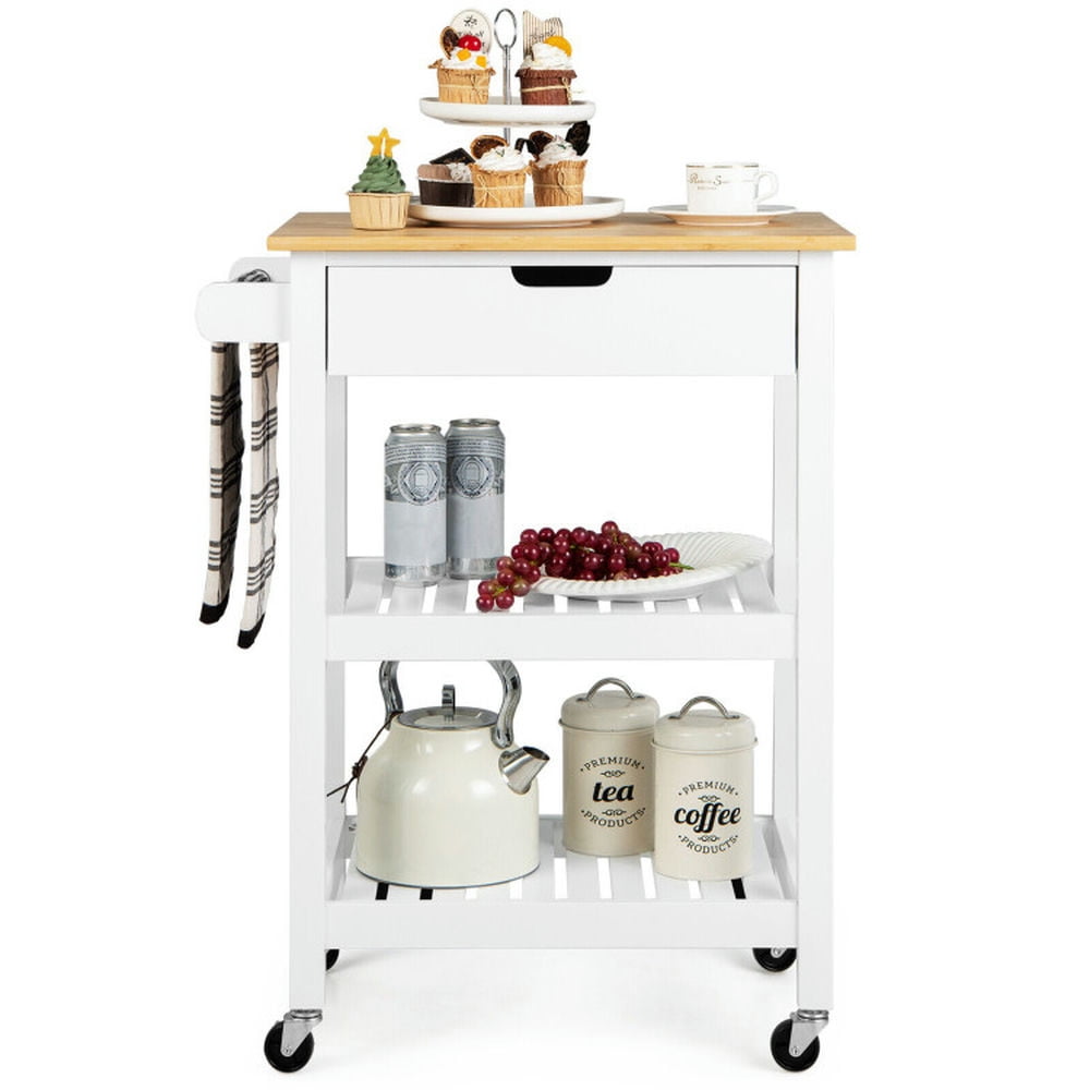 Finihen Rolling Cart, Kitchen Island Cart, 3-Tier Kitchen Island Cart Rolling Service Trolley with Bamboo Top, for Kitchen, Dining Room, White Finihen Rolling Cart, Kitchen Island Cart, 3-Tier Kitchen Island Cart Rolling Service Trolley with Bamboo Top, for Kitchen, Dining Room, White